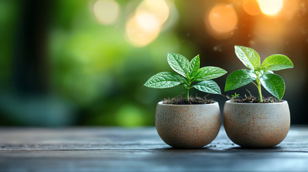 Small plant in pot on wooden table with bokeh background.の写真素材