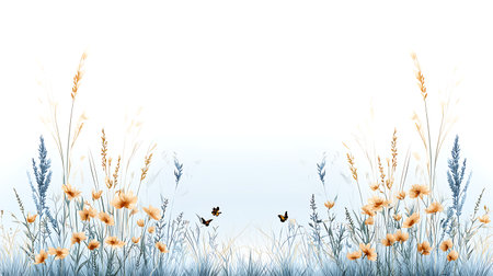 Grass field with flowers and butterflies. Nature background. Vector illustration.の写真素材