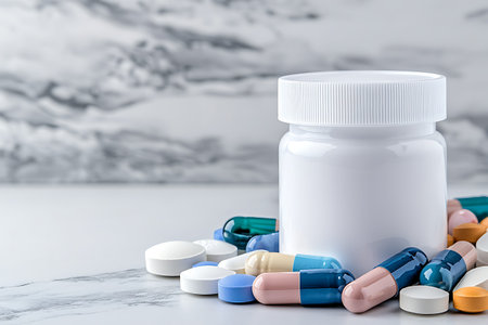 medicine pills and tablets on white table, copy space.
