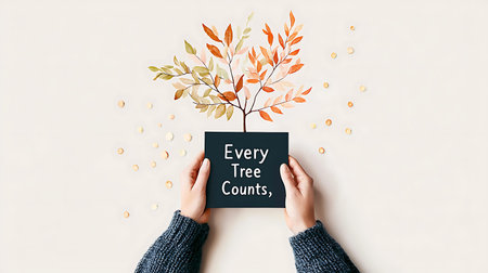Woman's hands holding a greeting card with text Every Tree Counts. Flat lay, top view