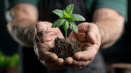 Hands of a caucasian man holding a young cannabis seedlingの写真素材