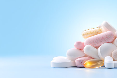 Heap of pills and capsules on blue background. 3d illustrationの写真素材