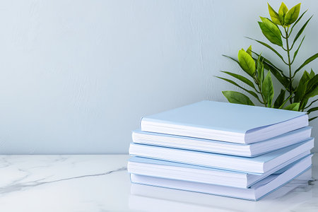 Stack of books on white marble table with green plant and blue wall backgroundの写真素材