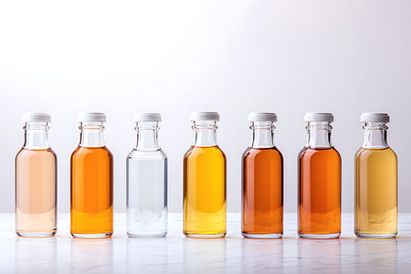Glass bottles with different kinds of liquid on a white background.の写真素材