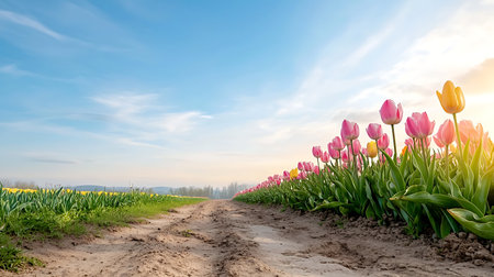 Tulip flowers blooming in a field in sunlight in springの写真素材