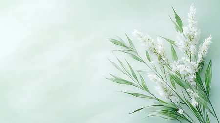 White flowers on a green background. Place for text. Floral background.