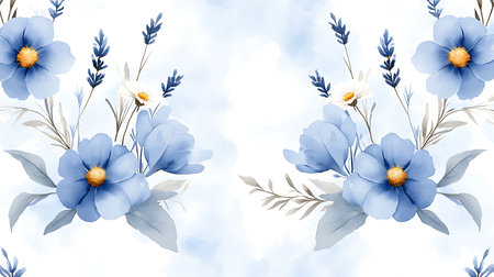 Seamless floral pattern with watercolor blue flowers and leaves.の写真素材