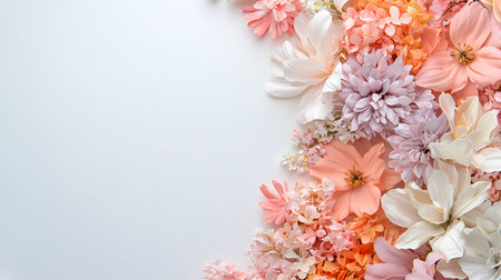 Flowers composition. Frame made of various flowers on white background. Flat lay, top view, copy...
