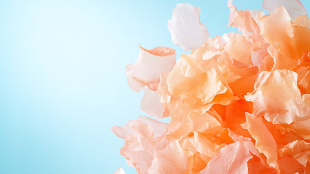 Orange rose petals isolated on blue background. Close up. Copy space.の写真素材