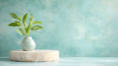 White marble podium and green plant in vase on turquoise backgroundの写真素材
