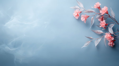 Beautiful pink sakura flowers on blue background with copy space.の写真素材