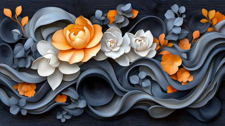 Abstract black background with white and orange flowers. 3d rendering.の写真素材