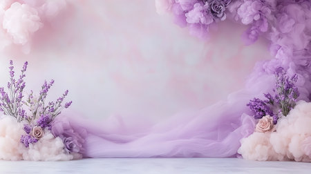 Lavender flowers bouquet on white marble table and pink backgroundの写真素材