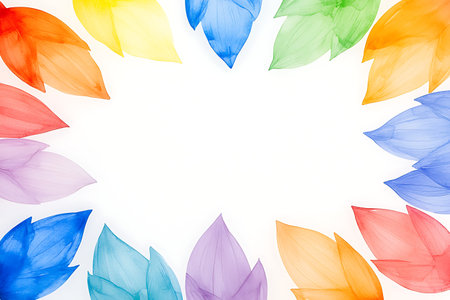 Colorful petals on a white background with space for text.の写真素材