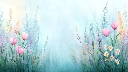 Watercolor spring meadow with flowers and grass. Digital painting.の写真素材