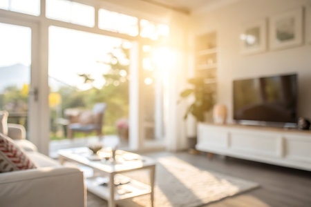 Blurred image of living room with sofa and TV set on wallの写真素材