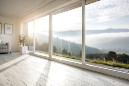 Living room interior with mountain view, sun flare and wooden floor.の写真素材