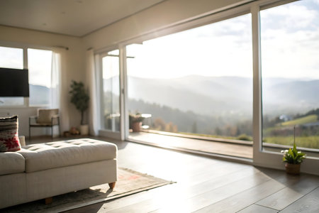 Interior of a modern living room with a view on the mountainsの写真素材