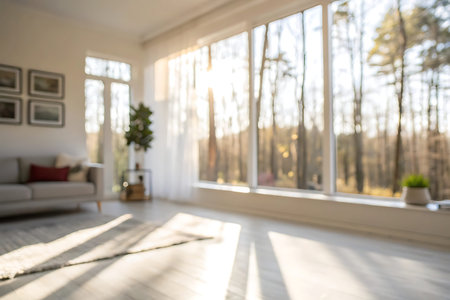 Blurred background of living room in the morning with sunbeamsの写真素材