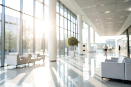Blurred image of business people walking in the lobby of a modern office building