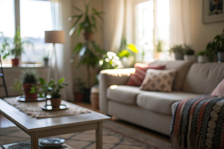 Living room interior with sofa, coffee table and plants. Blurred backgroundの写真素材