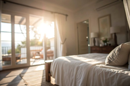 Blur bedroom interior with sun light from window. Vintage tone.の写真素材