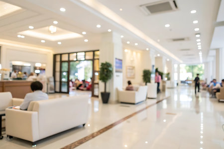 Abstract blur and defocused lobby of hotel and restaurant interior for backgroundの写真素材