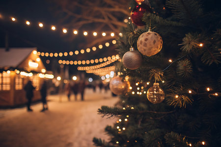 Christmas tree decorated with Christmas balls and garlands on blurred background of people walking in the streetの写真素材