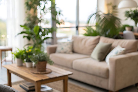 Living room interior with sofa, coffee table and plants, blurred background