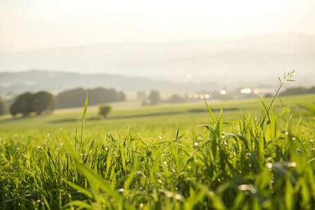 Green meadow in the light of the setting sun in the countrysideの写真素材
