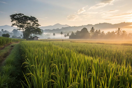 Rice field in the morning. Beautiful rice field in the morning.の写真素材