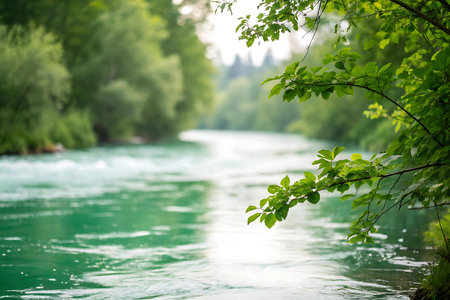 Beautiful summer landscape with mountain river and green trees in forest.の写真素材
