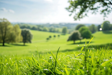 Green meadow with trees and blue sky in the background. Shallow depth of field.の写真素材