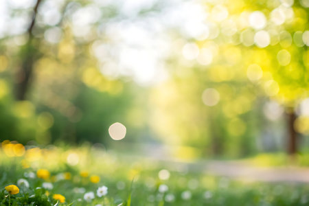 Blurred spring nature background with bokeh defocused lights.の写真素材