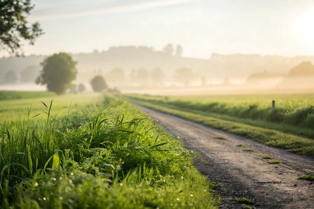 Sunrise over a country road through a field of green grass.