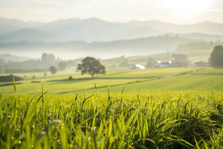 Morning fog in the rice field with mountain background, natural background.の写真素材