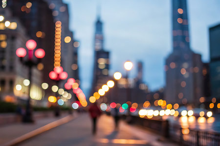 New York City skyline at night, blurred bokeh background.の写真素材