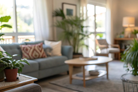 Interior of modern living room with sofa, coffee table and plants