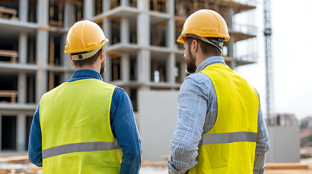 rear view of two builders in helmets looking at building under constructionの写真素材