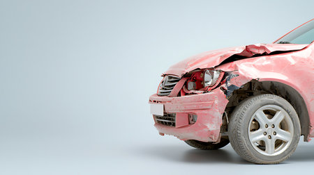 3d rendering of a broken pink car on white background with shadowの写真素材