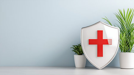Shield with red cross on blue wall background. 3d illustration.の写真素材
