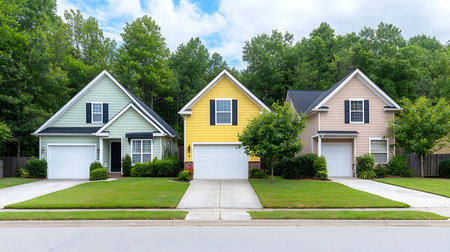 Row of two story houses in a suburban neighborhood in South Carolina.の写真素材
