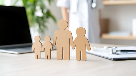 Paper cut of family with stethoscope and laptop on wooden tableの写真素材