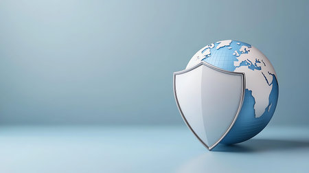 Globe and shield on blue background. Protection concept. 3D renderingの写真素材