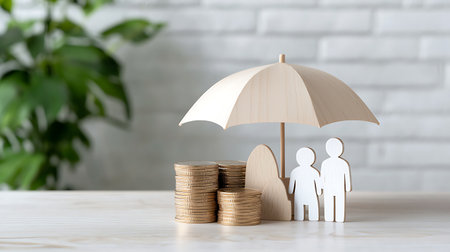 Coins stack with family and umbrella on white wooden table in front of white brick wallの写真素材