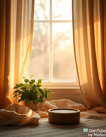 Interior of a room with a large window and a pot of flowersの写真素材