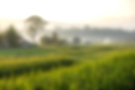 A serene and blurred landscape captured at sunrise, showcasing lush green fields enveloped in gentle fog, creating a tranquil atmosphere in nature.の写真素材