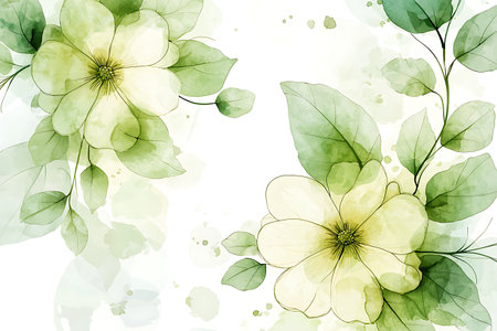 A serene and delicate illustration featuring soft yellow flowers and lush green leaves, perfect for backgrounds, decor, or floral-themed projects.の写真素材
