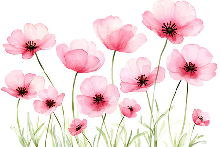 This beautiful illustration features delicate pink flowers with soft petals and green stems against a white background, perfect for adding charm to any decor or design project.の写真素材