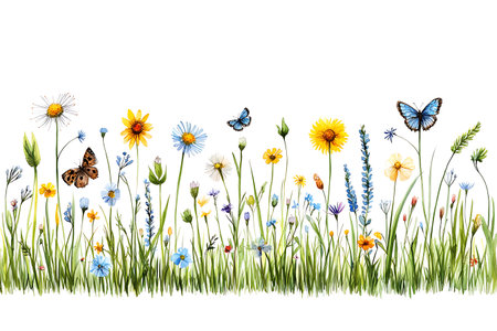 A beautiful illustration showcasing a vibrant meadow filled with wildflowers and butterflies, highlighting the essence and charm of nature's flora and fauna.の写真素材